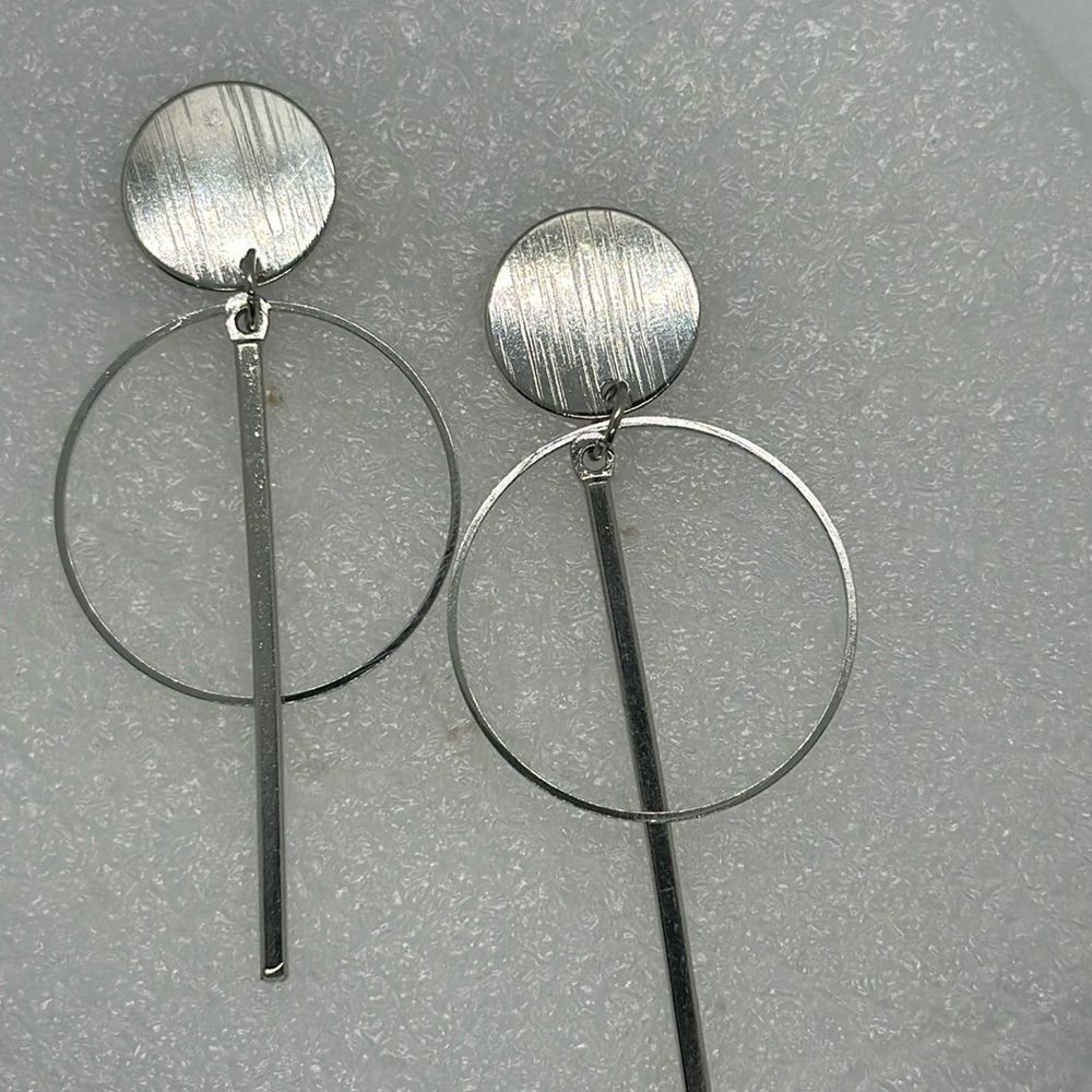 New! Modern Geometric Silver Dangle Earrings - Circle Bar Statement Jewelry — image 7 of 8